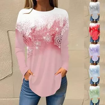 Футболки для женщин, осенние повседневные рубашки с длинными рукавами, толстовка с ретро-принтом, топ для рождественской вечеринки, пуловер L