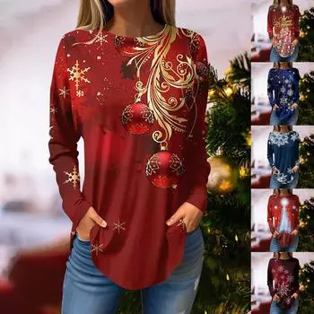 Футболки для женщин, осенние повседневные рубашки с длинными рукавами, толстовка с ретро-принтом, топ для рождественской вечеринки, пуловер M синий