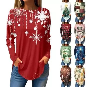 Футболки для женщин, осенние повседневные рубашки с длинным рукавом, толстовки с винтажным графическим принтом, топы, пуловеры, рождественские L армия зеленый