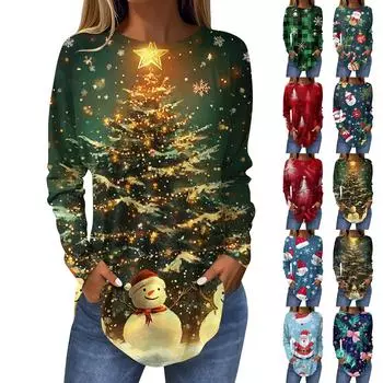 Футболки для женщин, осенние повседневные рубашки с длинными рукавами, толстовка с ретро-принтом, топ для рождественской вечеринки, пуловер M