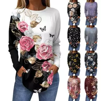 Футболки для женщин, осенние повседневные рубашки с длинным рукавом, толстовка с принтом, топ, пуловер XXL
