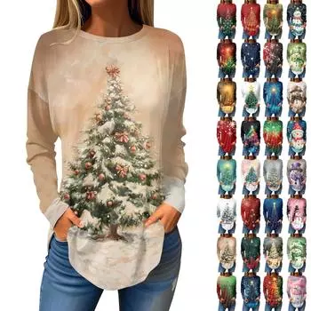 Футболки для женщин, осенние повседневные рубашки с длинным рукавом, толстовки с винтажным графическим принтом, топы, пуловеры, рождественские S зелёный