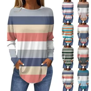 Футболки для женщин, осенние повседневные рубашки с длинным рукавом, толстовка с принтом, топ, пуловер L синий