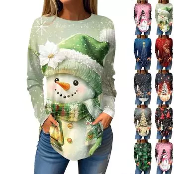 Футболки для женщин, осенние повседневные рубашки с длинным рукавом, толстовки с винтажным графическим принтом, топы, пуловеры, рождественские L чёрный