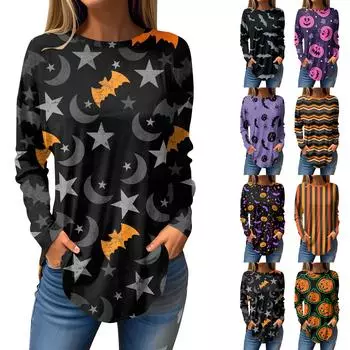 Футболки для женщин, осенние повседневные рубашки с длинным рукавом, толстовка с принтом на Хэллоуин, топ, пуловер S чёрный