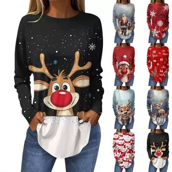 Футболки для женщин, осенние повседневные рубашки с длинными рукавами, толстовка с ретро-принтом, топ для рождественской вечеринки, пуловер XL