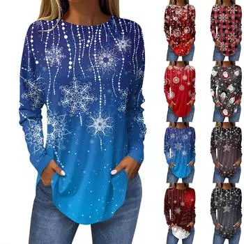 Футболки для женщин, осенние повседневные рубашки с длинными рукавами, толстовка с ретро-принтом, топ для рождественской вечеринки, пуловер M