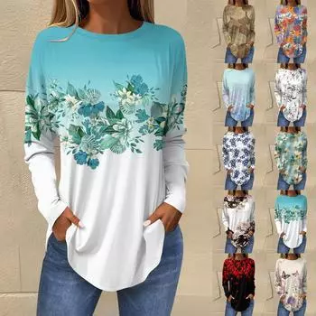 Футболки для женщин, осенние повседневные рубашки с длинным рукавом, толстовка, винтажный топ с графическим принтом, пуловер S синий