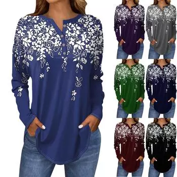 Футболки для женщин, осенние повседневные рубашки с длинным рукавом на пуговицах, толстовки с винтажным графическим принтом, топ-пуловер L чёрный