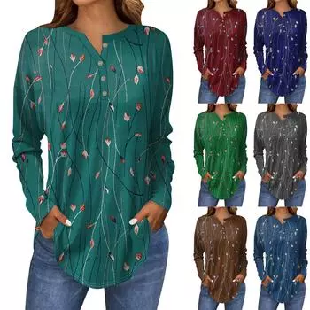 Футболки для женщин, осенние повседневные рубашки с длинным рукавом на пуговицах, толстовки с винтажным графическим принтом, топ-пуловер L синий