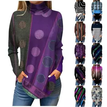 Футболки для женщин, осенние повседневные рубашки с длинными рукавами, толстовка с винтажным принтом, топ с высоким воротом, пуловер L чёрный