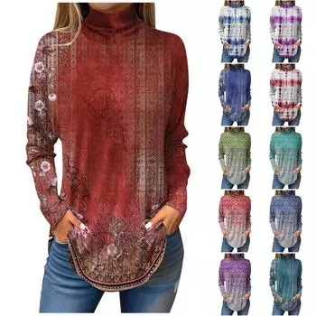 Футболки для женщин, осенние повседневные рубашки с длинными рукавами, толстовка с винтажным принтом, топ с высоким воротом, пуловер L синий