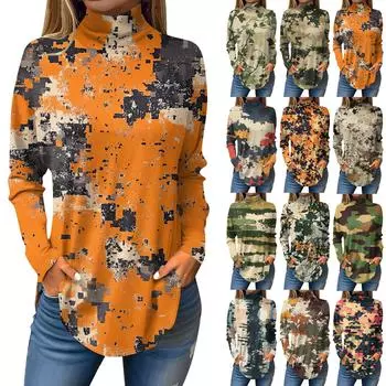 Футболки для женщин, осенние повседневные рубашки с длинными рукавами, толстовка, однотонный топ с высоким воротом, пуловер L армия зеленый