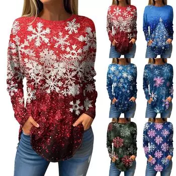 Футболки для женщин, осенние повседневные рубашки с длинным рукавом, толстовки с винтажным графическим принтом, топы, пуловеры, рождественские S красный