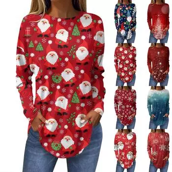 Футболки для женщин, осенние повседневные рубашки с длинными рукавами, толстовка с ретро-принтом, топ для рождественской вечеринки, пуловер XXXL