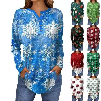 Футболки для женщин, осенние повседневные рубашки с длинным рукавом на пуговицах, толстовка с принтом в стиле винтаж, топ-пуловер с принтом снега XXXL зелёный
