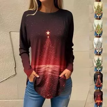 Футболки для женщин, осенние повседневные рубашки с длинными рукавами, толстовка с ретро-принтом, топ для рождественской вечеринки, пуловер XL чёрный