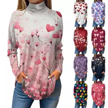 Футболки для женщин, осенние повседневные рубашки с длинным рукавом, толстовка с принтом, топ с высоким воротом, пуловер S