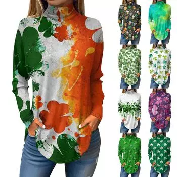 Футболки для женщин, осенние повседневные рубашки с длинным рукавом, толстовка с принтом, топ с высоким воротом, пуловер St.. День Патрика M зелёный