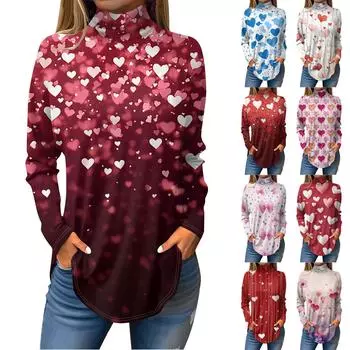Футболки для женщин, осенние повседневные рубашки с длинным рукавом, толстовка с принтом, топ с высоким воротом, пуловер S