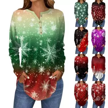 Футболки для женщин, осенние повседневные рубашки с длинным рукавом на пуговицах, толстовка с принтом в стиле винтаж, топ-пуловер с принтом снега M