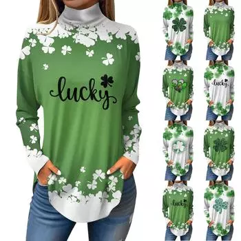 Футболки для женщин, осенние повседневные рубашки с длинным рукавом, толстовка с принтом, топ с высоким воротом, пуловер St.. День Патрика XXL