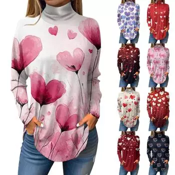 Футболки для женщин, осенние повседневные рубашки с длинным рукавом, толстовка с принтом, топ с высоким воротом, пуловер M чёрный