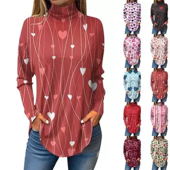 Футболки для женщин, осенние повседневные рубашки с длинным рукавом, толстовка с принтом, топ с высоким воротом, пуловер L чёрный