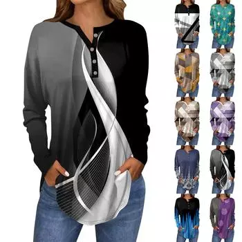 Футболки для женщин, осенние повседневные рубашки с длинным рукавом на пуговицах, толстовки с винтажным графическим принтом, топ-пуловер L чёрный