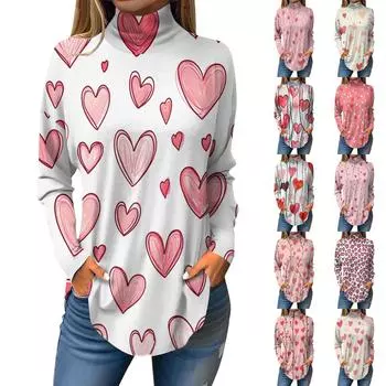 Футболки для женщин, осенние повседневные рубашки с длинным рукавом, толстовка с принтом, топ с высоким воротом, пуловер S
