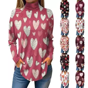 Футболки для женщин, осенние повседневные рубашки с длинным рукавом, толстовка с принтом, топ с высоким воротом, пуловер XXL киноварь