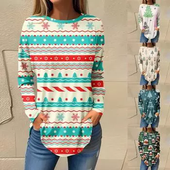 Футболки для женщин, осенние повседневные рубашки с длинными рукавами, толстовка с ретро-принтом, топ для рождественской вечеринки, пуловер XL бежевый
