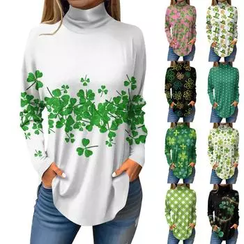 Футболки для женщин, осенние повседневные рубашки с длинным рукавом, толстовка с принтом, топ с высоким воротом, пуловер St.. День Патрика XL