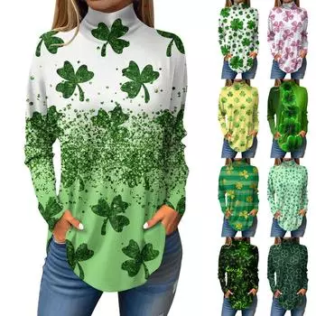 Футболки для женщин, осенние повседневные рубашки с длинным рукавом, толстовка с принтом, топ с высоким воротом, пуловер St.. День Патрика XL