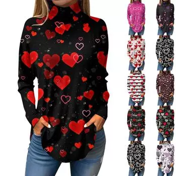 Футболки для женщин, осенние повседневные рубашки с длинным рукавом, толстовка с принтом, топ с высоким воротом, пуловер M чёрный