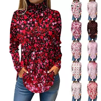 Футболки для женщин, осенние повседневные рубашки с длинным рукавом, толстовка с принтом, топ с высоким воротом, пуловер XXL чёрный