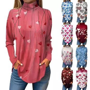 Футболки для женщин, осенние повседневные рубашки с длинным рукавом, толстовка с принтом, топ с высоким воротом, пуловер XXL