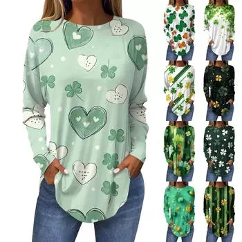 Футболки для женщин, осенние повседневные рубашки с длинным рукавом, толстовка с принтом, топ, пуловер M зелёный