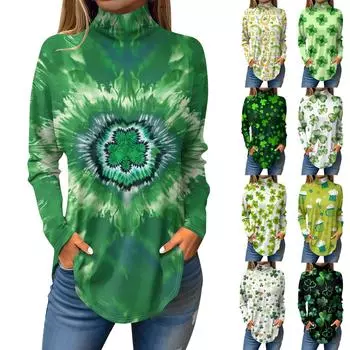 Футболки для женщин, осенние повседневные рубашки с длинным рукавом, толстовка с принтом, топ с высоким воротом, пуловер St.. День Патрика XXL бежевый