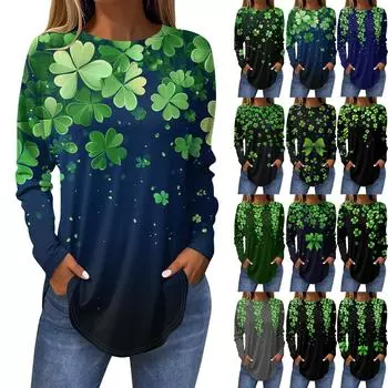 Футболки для женщин, осенние повседневные рубашки с длинным рукавом, толстовка с винтажным графическим принтом, топ, пуловер St.. День Патрика L армия зеленый