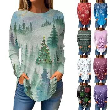 Футболки для женщин, осенние повседневные рубашки с длинным рукавом, толстовки с винтажным графическим принтом, топы, пуловеры, рождественские XXXL красный