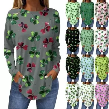 Футболки для женщин, осенние повседневные рубашки с длинным рукавом, толстовка с винтажным графическим принтом, топ, пуловер St.. День Патрика L армия зеленый