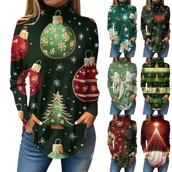 Футболки для женщин, осенние повседневные рубашки с длинными рукавами, толстовка с винтажным принтом, топ с высоким воротом, пуловер S