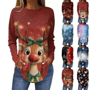 Футболки для женщин, осенние повседневные рубашки с длинными рукавами, толстовка с ретро-принтом, топ для рождественской вечеринки, пуловер S