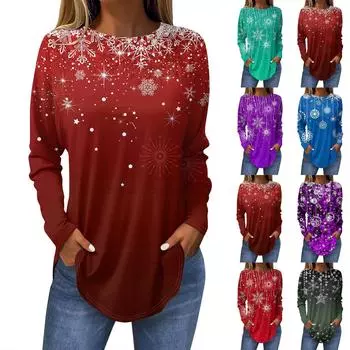 Футболки для женщин, осенние повседневные рубашки с длинными рукавами, толстовка с ретро-принтом, топ для рождественской вечеринки, пуловер XXL