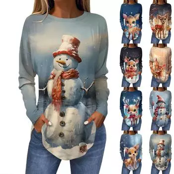 Футболки для женщин, осенние повседневные рубашки с длинными рукавами, толстовка с ретро-принтом, топ для рождественской вечеринки, пуловер L