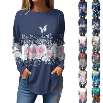 Футболки для женщин, осенние повседневные рубашки с длинным рукавом, толстовка, винтажный топ с графическим принтом, пуловер L синий