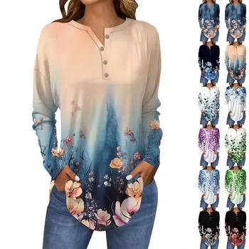 Футболки для женщин, осенние повседневные рубашки с длинным рукавом на пуговицах, толстовка с винтажным принтом, топ, пуловер L армия зеленый