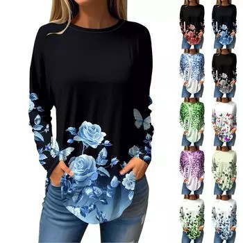 Футболки для женщин, осенние повседневные рубашки с длинным рукавом, толстовка, винтажный топ с графическим принтом, пуловер L армия зеленый