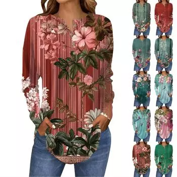 Футболки для женщин, осенние повседневные рубашки с длинным рукавом на пуговицах, толстовка с винтажным принтом, топ, пуловер L